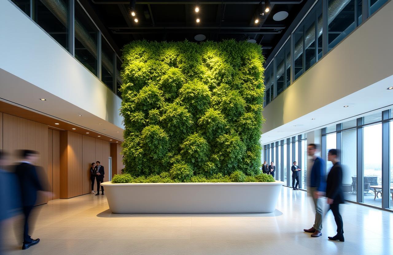 A large-scale botanical installation in a corporate lobby.