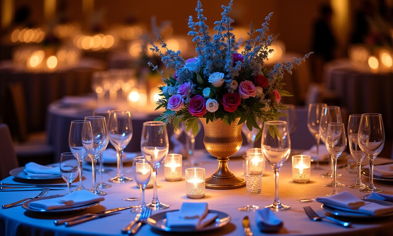 An elaborate centerpiece for a corporate event dinner table.