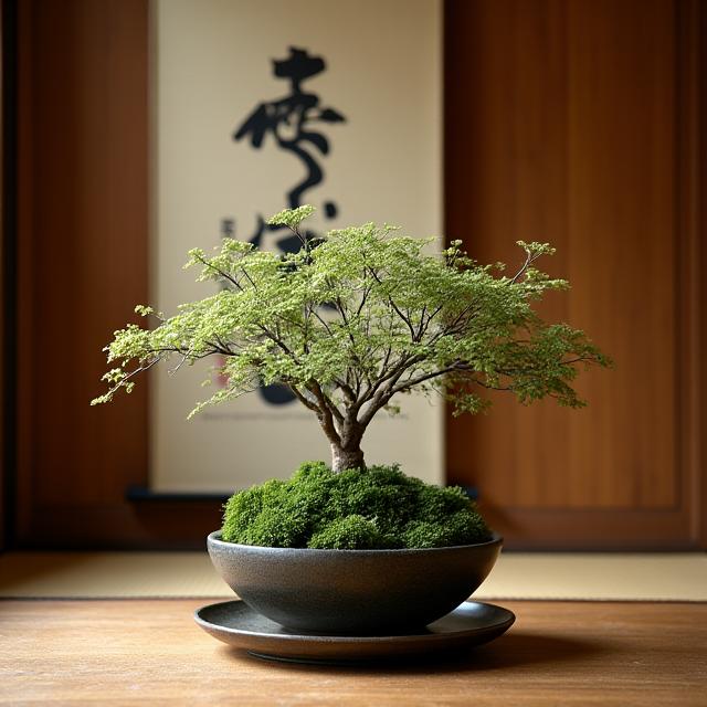 A traditional Ikebana arrangement in a 'tokonoma' alcove.