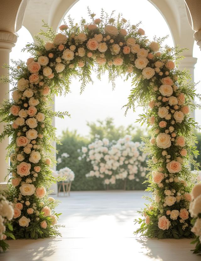 A stunning floral arch designed for a wedding ceremony.