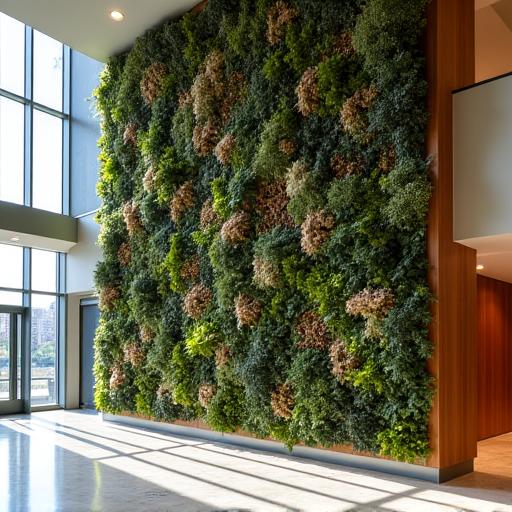 A large, artistic botanical wall installation in a modern building lobby.