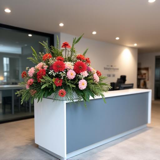A modern corporate reception desk with a stylish floral subscription arrangement.