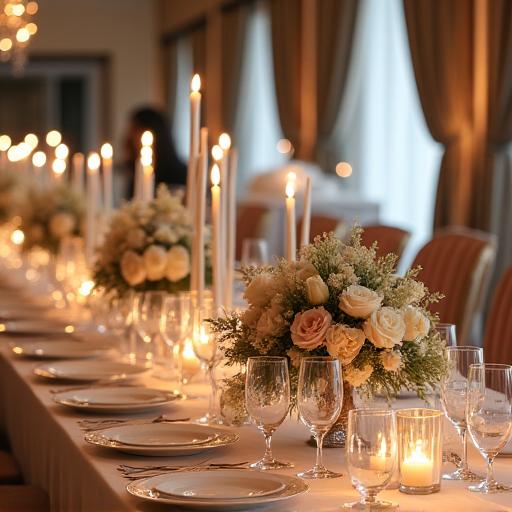 Elegant floral decorations at a wedding reception table.
