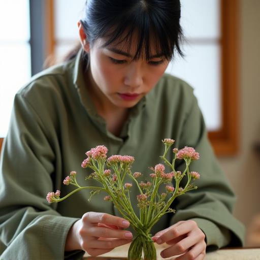 A student carefully placing a flower stem during an Ikebana lesson.