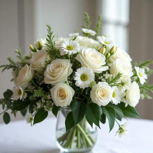 A serene and elegant white floral arrangement for a memorial service.